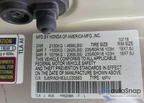 2018 Honda Cr-V Ex-L/Ex-L Navi from USA, damaged, VIN 5J6RW2H83JL030583